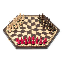 Load image into Gallery viewer, 3-player chess set with its hexagonal board and three distinct sets of wooden pieces, it adds a new layer of strategy