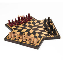 Load image into Gallery viewer, 3 way chess board with pieces mounted to board and hook on back for easy hanging