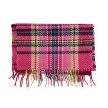 Load image into Gallery viewer, Bright pink herringbone chevron scarf with navy and yellow plaid overcheck.