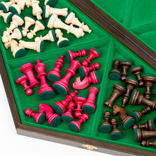 Load image into Gallery viewer, 3-player chess set with its hexagonal board and three distinct sets of wooden pieces, it adds a new layer of strategy