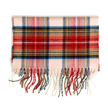 Load image into Gallery viewer, Pastel pink, red, and blue tartan plaid scarf with pale fringe.
