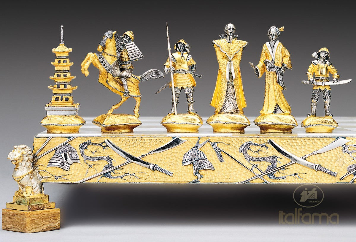 Samurai Chess Set – Onyx & Bronze Board, 24K Gold Finish