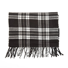 Load image into Gallery viewer, Black and white wide grid plaid scarf with twisted fringe ends.