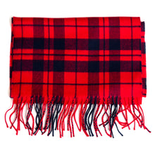 Load image into Gallery viewer, Vibrant red and navy blue plaid scarf with red and blue fringe.