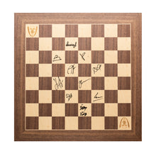 Load image into Gallery viewer, image of autographed wooden board with St. Louis Chess Club Logo
