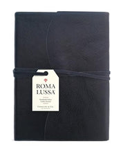 Load image into Gallery viewer, Midnight Blue high-grade leather features a rustic wrap-around tie closure and a soft suede interior with color-coordinated marbled paper detailing along the inner edges
