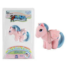 Load image into Gallery viewer, "World's Smallest My Little Pony" plush toy packaged inside a clear plastic blister card next to an unboxed sample of the product. The featured item is Firefly, a small pink plush pony with small wings, light blue hair for her mane and tail, and a silver metal keychain attached around her neck.