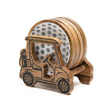 Load image into Gallery viewer, Wooden coasters and holder. Holder is styled after a golf carts profile while the coasters are wooden with an acrylic "golf ball" surface.