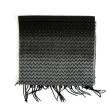 Load image into Gallery viewer, Dark grey to black gradient scarf with a chevron zigzag weave and black fringe.