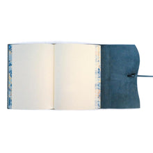 Load image into Gallery viewer, Midnight Blue high-grade leather features a rustic wrap-around tie closure and a soft suede interior with color-coordinated marbled paper detailing along the inner edges