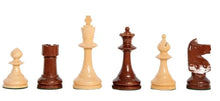 Load image into Gallery viewer, Alternating lineup of Staunton chess pieces in light and dark brown wood—showing light pawn, dark rook, light king, dark queen, light bishop, and dark knight—standing on green felt bases.