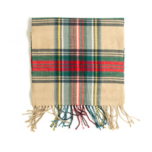 Load image into Gallery viewer, Beige scarf with red, green, and yellow tartan plaid and twisted fringe.
