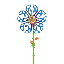 Load image into Gallery viewer, This image shows the completed "SolarFlower Sapphire Swirl" mechanical device standing straight against a plain white background. It features a long, green plastic stem with small orange decorative leaf gears, topped by a large flower head crafted from loops of overlapping royal blue petals that curve gracefully around a complex center hub of orange, white, and green gears.