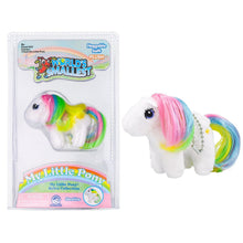Load image into Gallery viewer, A packaged "World's Smallest My Little Pony" plush toy alongside an unboxed version of the product on a white background. The featured pony is Starshine, which has a white plush body, a colorful rainbow-striped mane and tail, and a silver metal keychain attached around her neck.