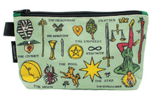 Load image into Gallery viewer, A mint green zippered canvas pouch features various traditional tarot card symbols printed across its surface, including a yellow moon face, a pentacle, a sword, and an upside-down Hanged Man figure.