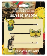 Load image into Gallery viewer, Three decorative bobby pins featuring famous artistic cat illustrations.