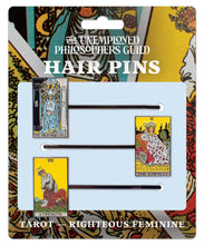 Load image into Gallery viewer, Set of three tarot-themed bobby pins featuring major arcana cards.