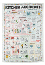 Load image into Gallery viewer, An unfolded white cotton dish towel displays a detailed, color-coded flowchart title "Kitchen Accidents" that illustrates steps to handle burns, cuts, fires, glass breakage, and falls.
