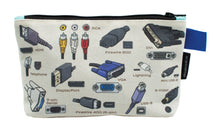 Load image into Gallery viewer, A canvas zippered pouch features a labeled, printed diagram of various tech cables and connectors, including HDMI, RCA, VGA, and USB-B, against a off-white background.