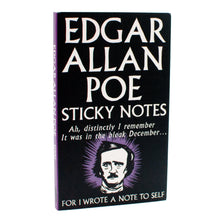 Load image into Gallery viewer, The front cover of the black booklet reads "EDGAR ALLAN POE STICKY NOTES" above a portrait illustration of Edgar Allan Poe set against a purple sunburst.