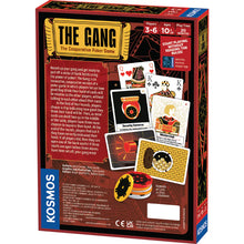 Load image into Gallery viewer, This image shows the back of the product box for the card game "The Gang," featuring gameplay text on the left and various illustrated game components on the right against a dark red background. The right side showcases a fan of stylized playing cards—including a Queen of Hearts, a King of Clubs, and unique action cards like "Security Cameras" and "Mastermind"—resting just above a colorful stack of red, yellow, and white poker chips.