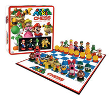 Load image into Gallery viewer, The Super Mario Chess Collector's Edition tin storage box positioned behind the set-up chessboard displaying all character game pieces.