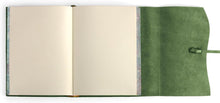 Load image into Gallery viewer, Forest Green high-grade leather features a rustic wrap-around tie closure and a soft suede interior with color-coordinated marbled paper detailing along the inner edges
