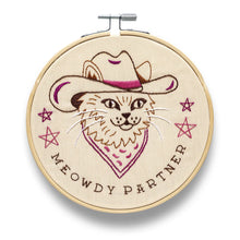 Load image into Gallery viewer, Inside the kit: a 6" bamboo hoop, pre-printed fabric panel (no cowboyin’ around with transfers), a rainbow of floss, two needles, a threader, and instructions simple enough for beginners but not insulting to seasoned cowhands.