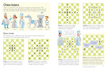 Load image into Gallery viewer, a view of the inside of the book showing cartoon characters for the pieces and board moves possible with each one.