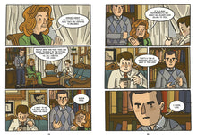 Load image into Gallery viewer, Pages 22 and 23 of a graphic novel showing illustrated comic panels of Garry Kasparov speaking with a reporter and his mother in an apartment library setting.