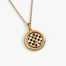 Load image into Gallery viewer, Close-up view of the reverse side of the gold pendant, featuring a smooth outer ring engraved with "Alex + Ani" and "Always think one move ahead." surrounding a spinning checkered medallion with a gold king piece.