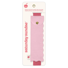 Load image into Gallery viewer, Bubble Gum Elastic Band Pen Holders features a light pink case with a darker pink elastic and scalloped edge on two sides and a snap closure. The small cherry tag perfectly finishes this delicious pen holder.