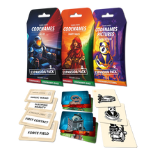 Load image into Gallery viewer, three themed expansion packs inject brand-new flavor, clever clues, and exciting challenges into your favorite Codenames games