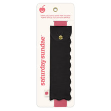 Load image into Gallery viewer, Cherry Swirl Elastic Band Pen Holders features a black case with pink elastic and scalloped edge on two sides and a snap closure. The small cherry tag perfectly finishes this delicious pen holder.