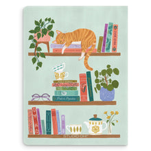 Load image into Gallery viewer, Front of Cozy Reads Deconstructed Journal featuring bookshelves, plants, teapot, glasses, and orange cat.