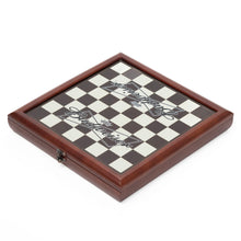 Load image into Gallery viewer, Wooden chess board with brown and white squares, featuring a Budweiser logo on two sides.