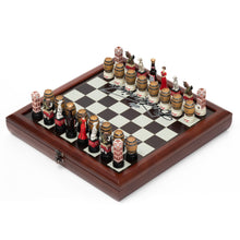 Load image into Gallery viewer, Wooden chess board with brown and white squares, featuring a Budweiser logo on two sides. With pieces