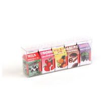 Load image into Gallery viewer, 5 lightly scented erasers in fun "milk carton" packaging. Scents include fruit juice, strawberry, grape, chocolate and milk.