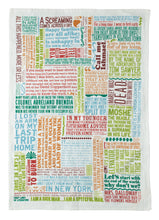 Load image into Gallery viewer, First Lines of Literature dish towel, with the opening lines from 39 different pot-boilers and fish stories and Most Illustrious Literary Voices.