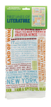 Load image into Gallery viewer, First Lines of Literature dish towel, with the opening lines from 39 different pot-boilers and fish stories and Most Illustrious Literary Voices.