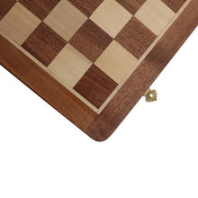 Load image into Gallery viewer, A close-up view showing the corner of a wooden checkered board alongside a decorative brass latch.