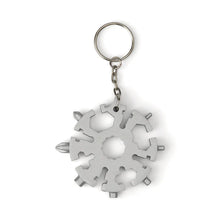 Load image into Gallery viewer, Silver metal snowflake-shaped multi-tool keychain shown on a white background.