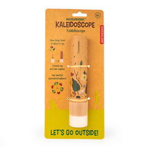 Load image into Gallery viewer, a children's outdoor toy called the "Huckleberry Kaleidoscope", designed for ages six and up. The toy consists of a kraft-paper cardboard tube decorated with illustrations of leaves, flowers, and insects on a brown and green cardboard backing that displays simple instructions on how to collect nature items inside its clear cap.