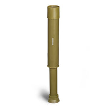 Load image into Gallery viewer, a long, handheld telescope designed for children. It is made of a matte, olive-green plastic, with a wider main cylinder on top that features the word "HUCKLEBERRY" printed vertically in small white letters, and a narrower tube extending out from the bottom to form its elongated shape.