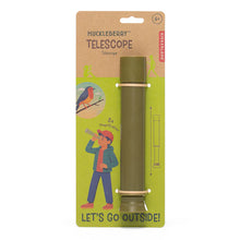 Load image into Gallery viewer, a children's toy telescope called "Huckleberry Telescope" designed for ages six and up. The telescope itself is a long, light green cylindrical tube on a cardboard backing that features a colorful illustration of a young boy looking through the telescope at a blue and orange bird.