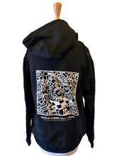 Load image into Gallery viewer, The back of a black hoodie displaying a large, square white graphic of pop-art characters and a chessboard pattern above the "World Chess Hall of Fame & Galleries" logo.