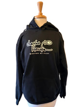 Load image into Gallery viewer, A black gender-neutral hoodie on a mannequin featuring white "Charles Houska Master of Play" artistic text on the chest.