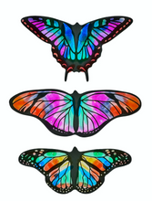 Load image into Gallery viewer, Set against a solid white background, three handmade craft butterflies of different wing shapes are arranged in a vertical column. Each one features a thick, bold black outline filled with vibrant, translucent panels that mimic stained glass, showcasing glowing jewel tones of electric blue, magenta, bright orange, and lime green.