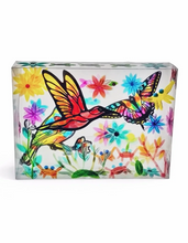 Load image into Gallery viewer, a clear, rectangular transparent plastic box resting horizontally on a plain white surface is shown. The sides of the box are decorated with bold black-outlined illustrations of a hummingbird in flight and a butterfly, both filled with vibrant, stained-glass-like colors and surrounded by a dense garden of multicolored translucent flowers and green stems.