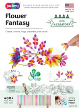 Load image into Gallery viewer, a bright, white product packaging box featuring bold black text at the top that reads "Flower Fantasy Stained Glass Color Cell Art." The center showcases a vibrant, multicolored floral crown made of clear plastic petals layered with translucent pink, purple, and yellow oval stickers, while the bottom displays diagrams of the kit's contents, including clear flower cutouts, colorful thread, and sheets of tiny sticker dots.